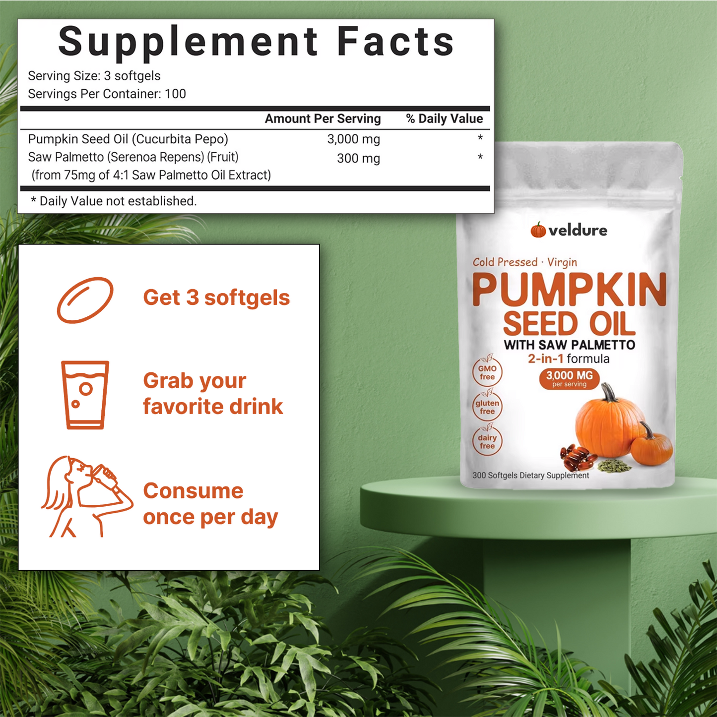 Veldure Pumpkin Seed Oil - 300 Capsules